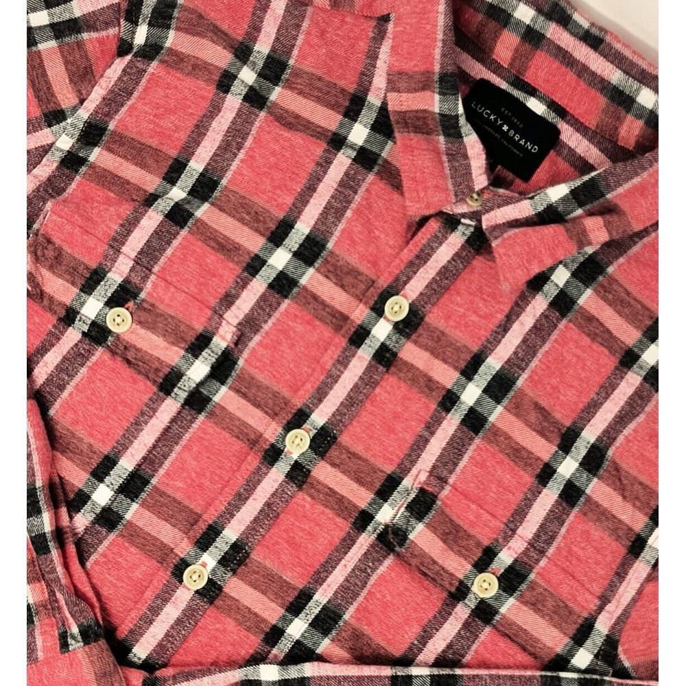 Lucky Brand Flannel Shirt Men's Medium‎ Red Plaid Button Up Long Sleeve Pockets